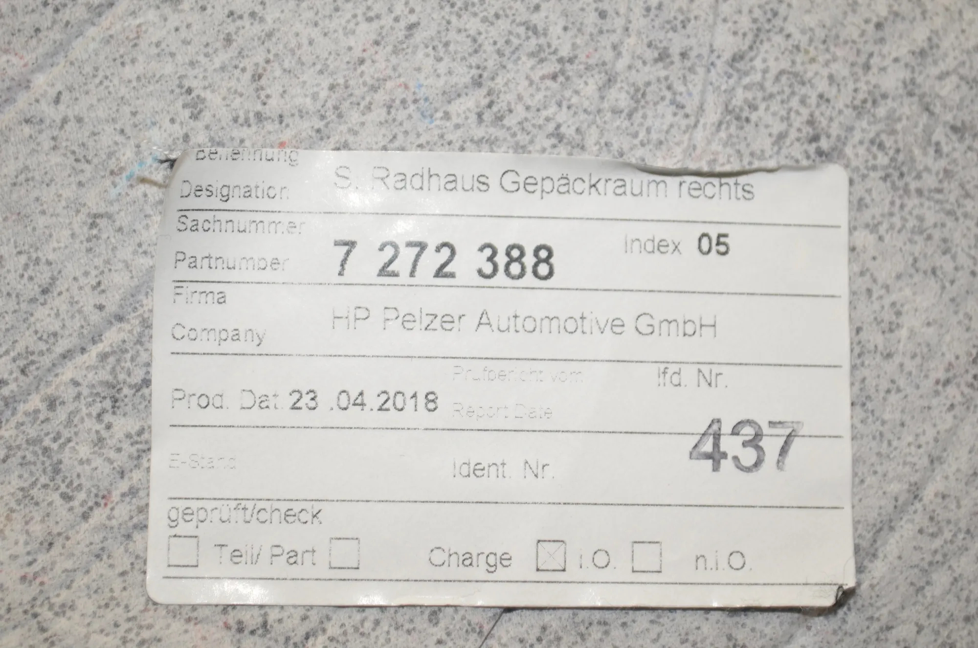 Sound Insulation – OEM 7272387 · BMW i3 (I01) Hybrid 2018 – 5