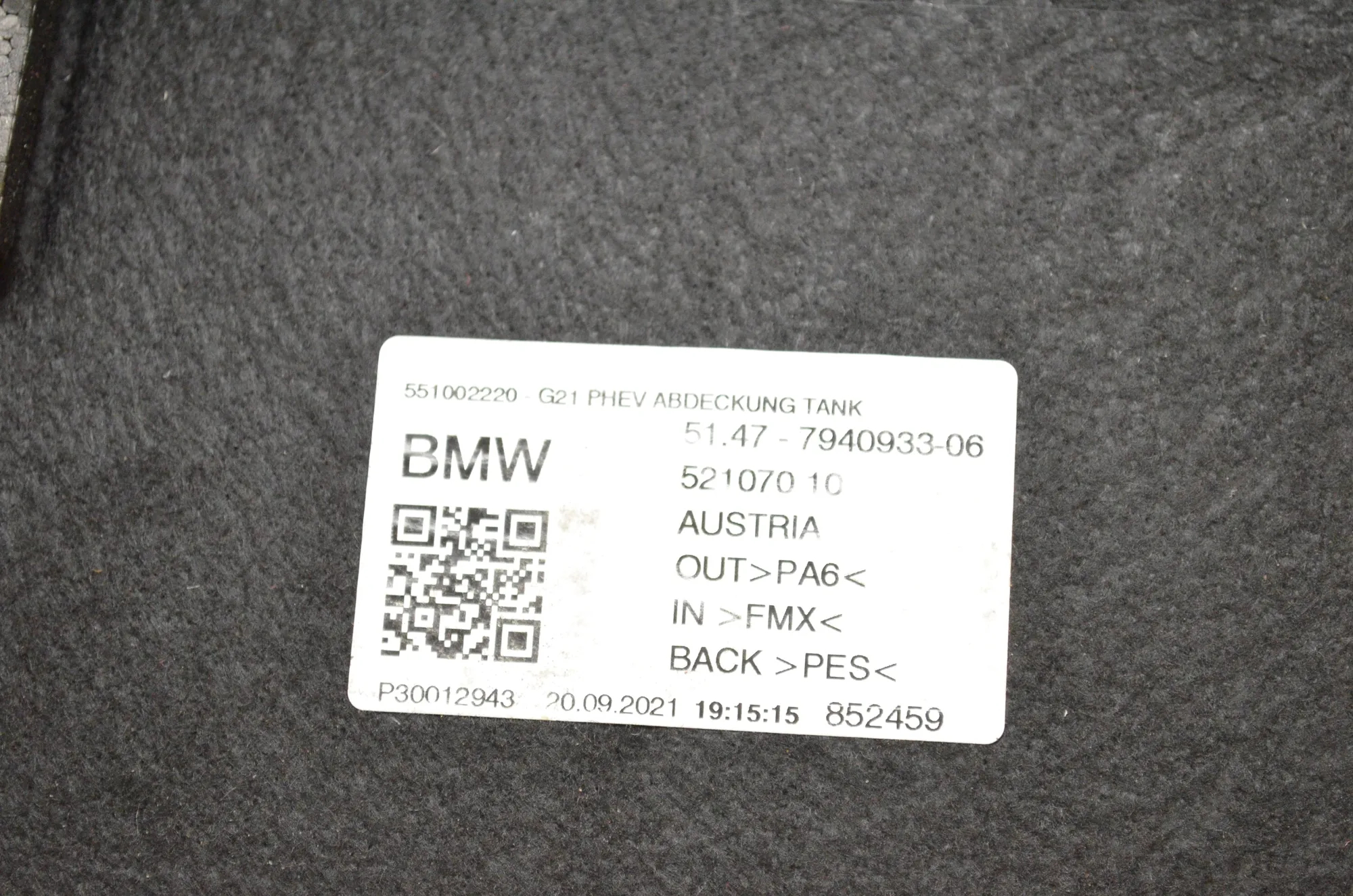 Trunk Boot Carpet – OEM 7940933 · BMW 3 Touring (G21) (2019 - -) 330 e Plug-in-Hybrid 2021 – 5