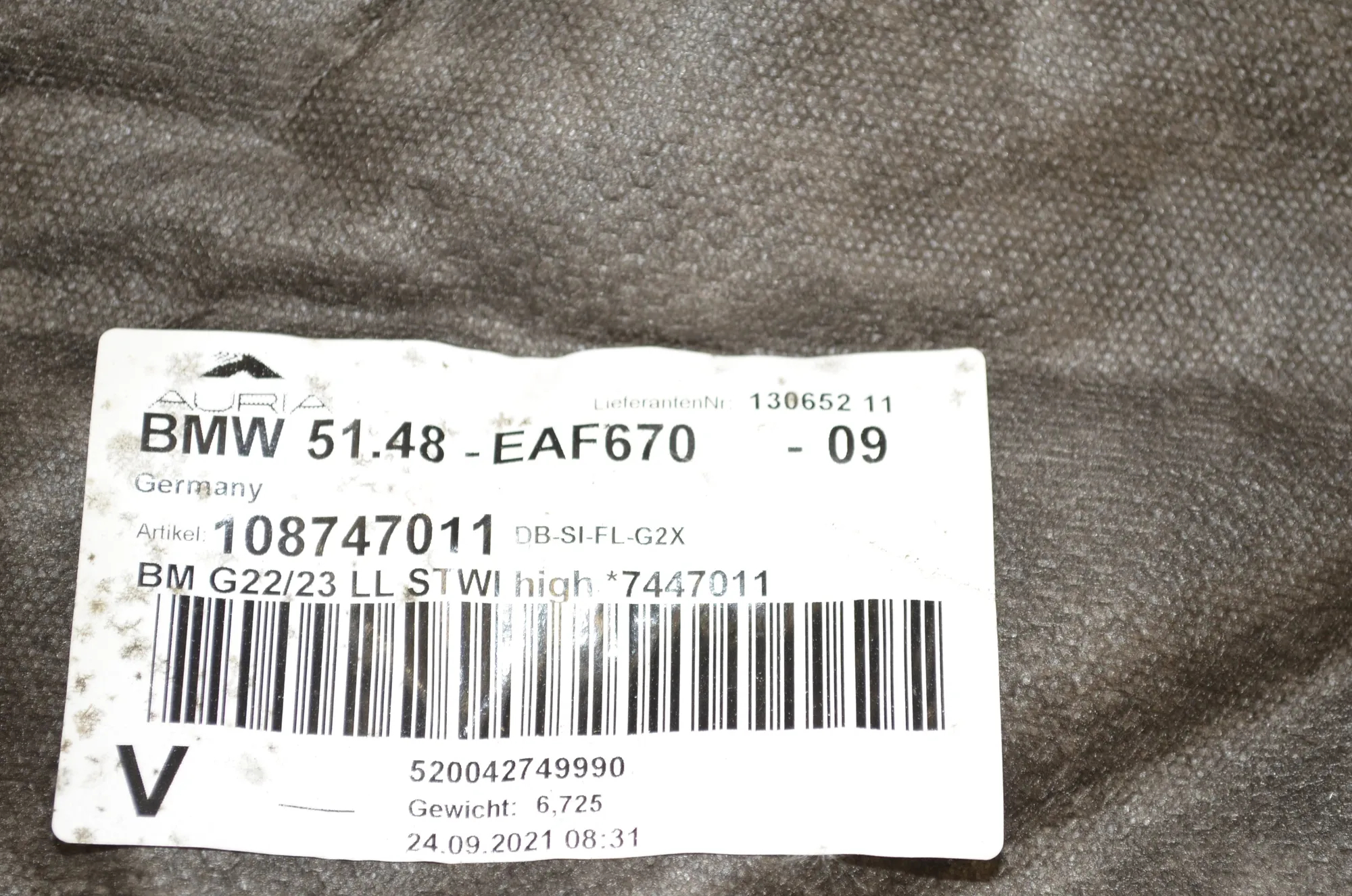 Sound Insulation – OEM 7447011 · BMW 3 Touring (G21) (2019 - -) 330 e Plug-in-Hybrid 2021 – 5
