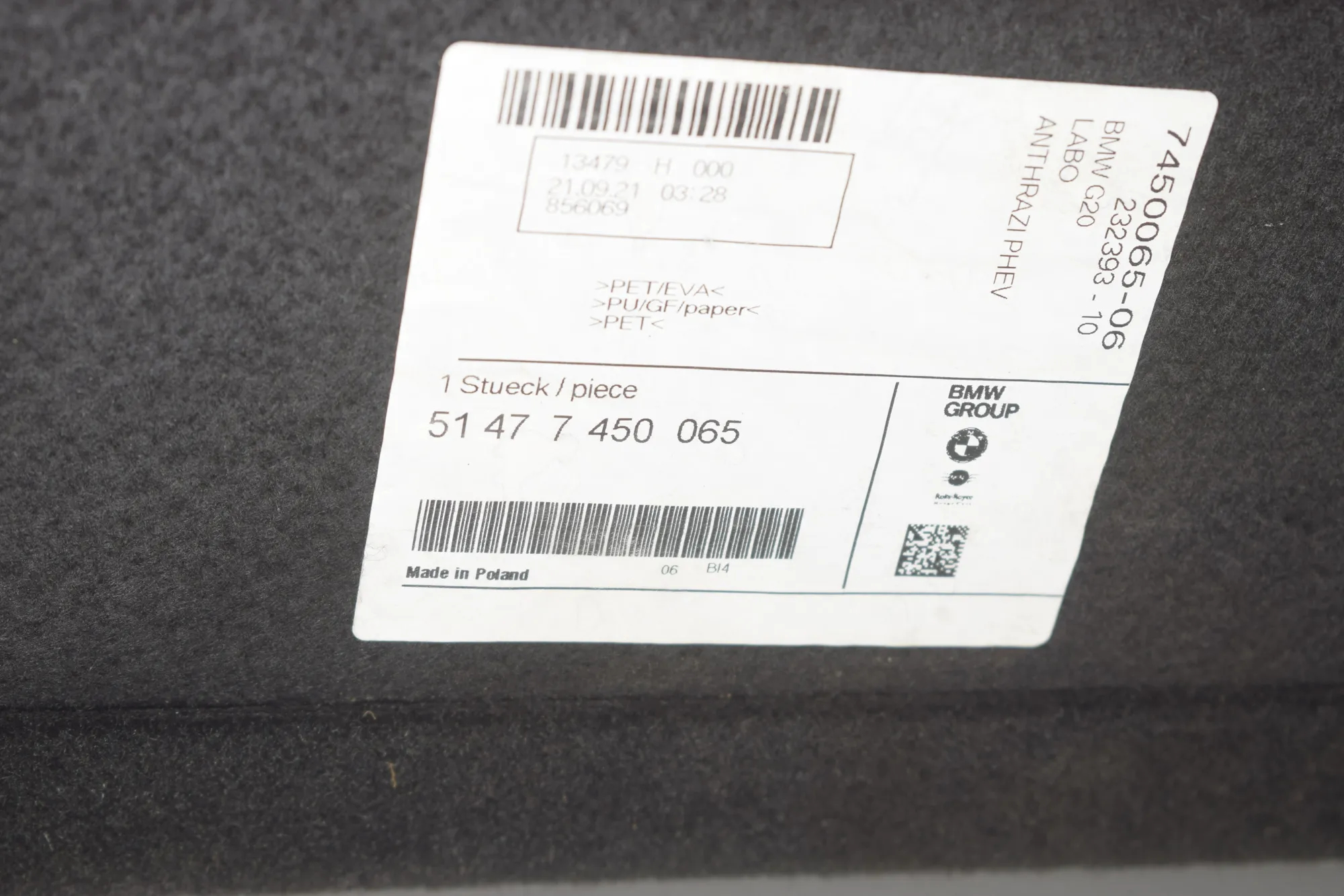 Trunk Boot Carpet – OEM 7450065 · BMW 3 (G20, G28) (2018 - -) 330 e Plug-in-Hybrid 2021 – 7