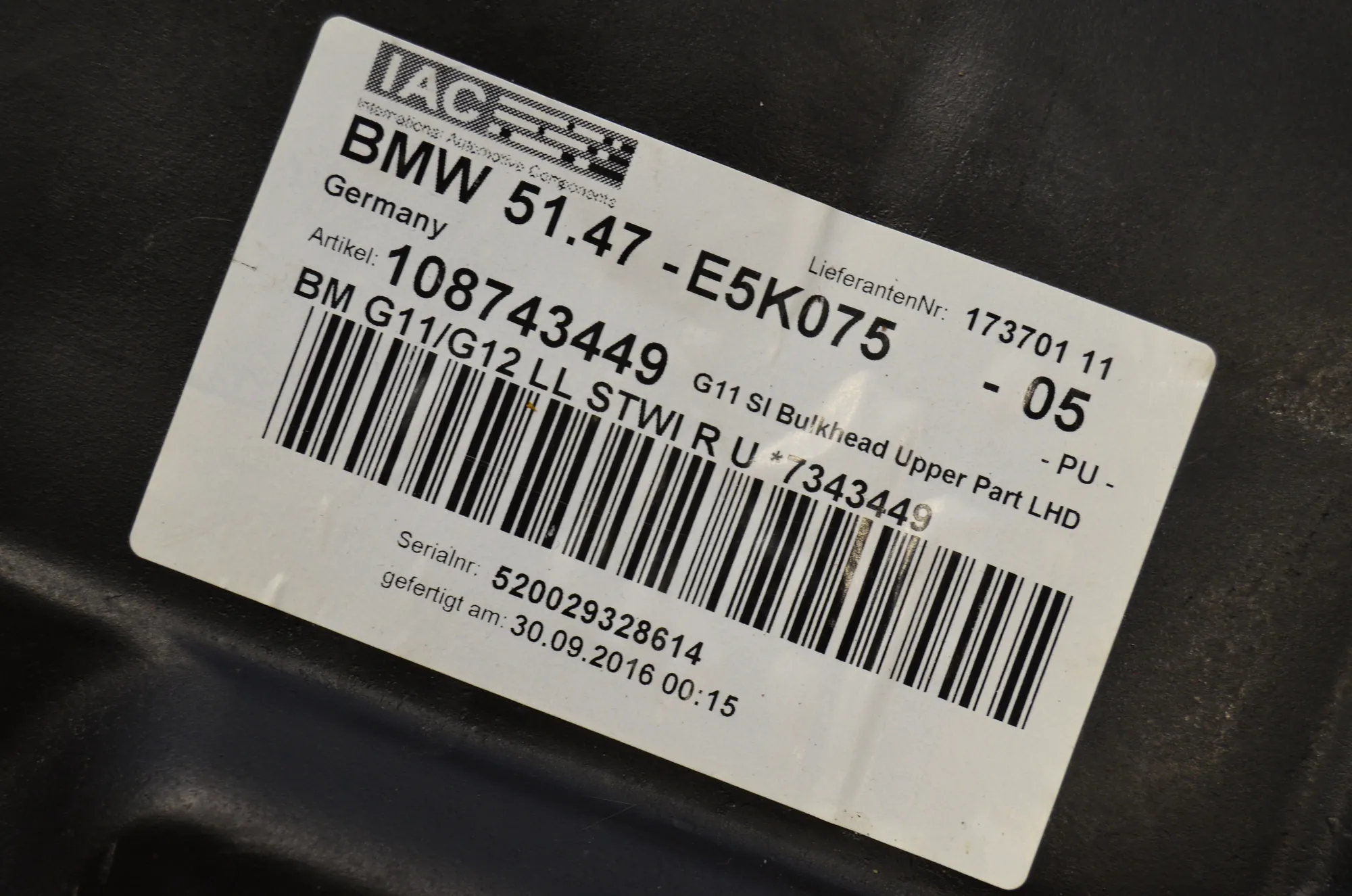 Sound Insulation – OEM 7343387 · BMW 7 (G11, G12) 750 d, Ld xDrive 2016 – 7